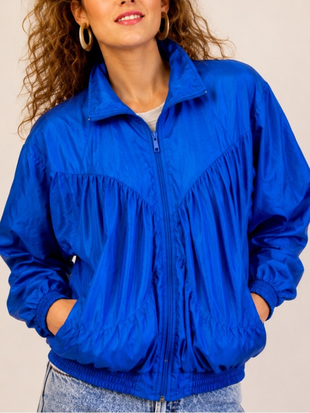 Vintage Bocoo Blue Windbreaker Jacket Womens Large Full Zip Gathered Retro